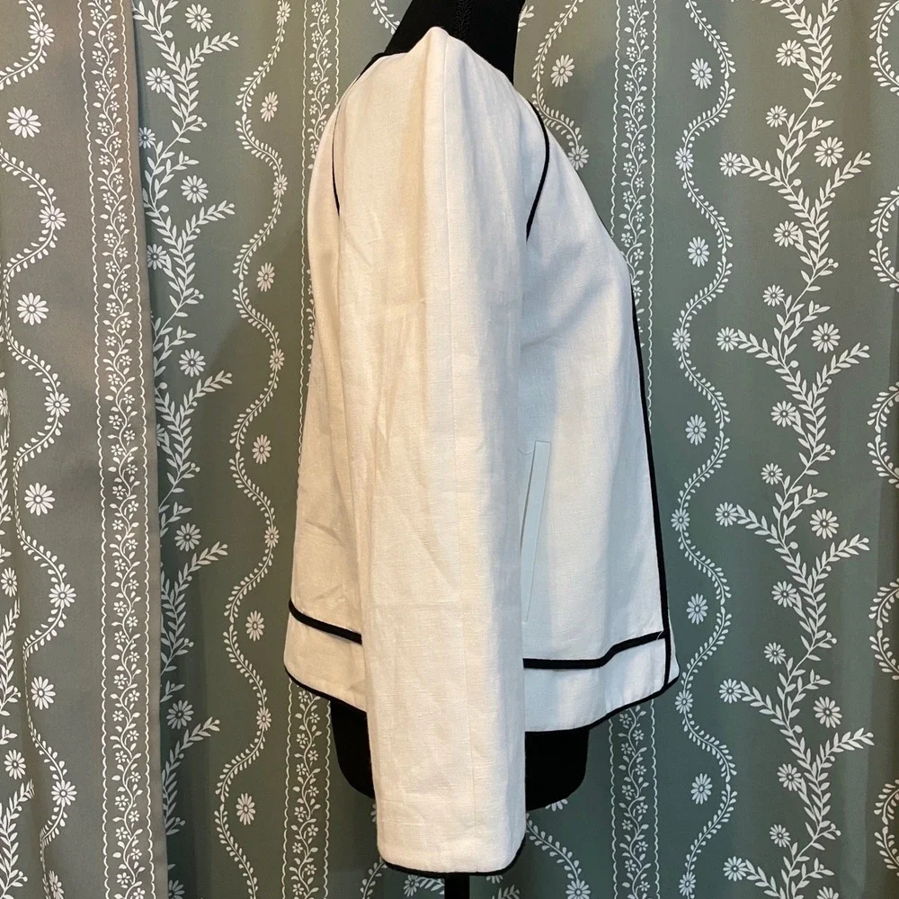 NEW J.Crew Linen Blazer Jacket White Black Piping‎ Zip Front 3/4 Sleeve Sz 12